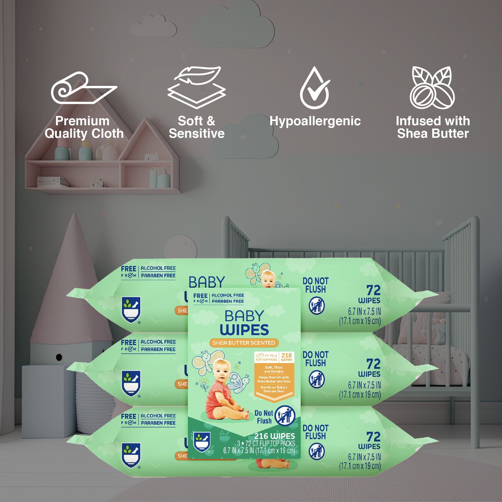 Baby Wipes with Aloe Vera & Shea Butter – 6 Pack (1296 Wipes Total)